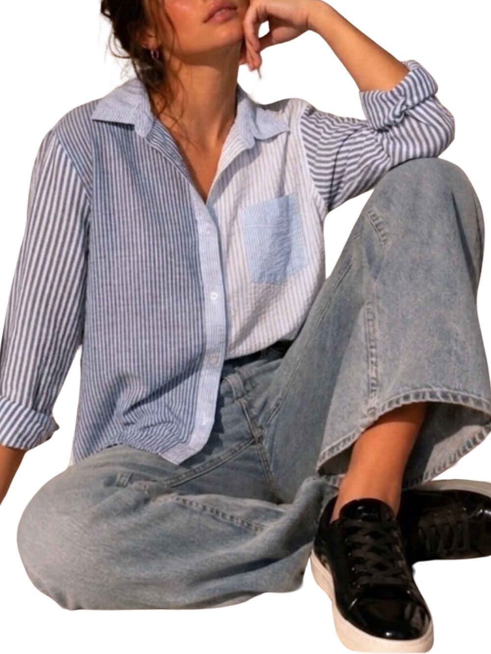 Japna 100% Cotton Mixed Stripe Button Down Shirt - M - Blue, White